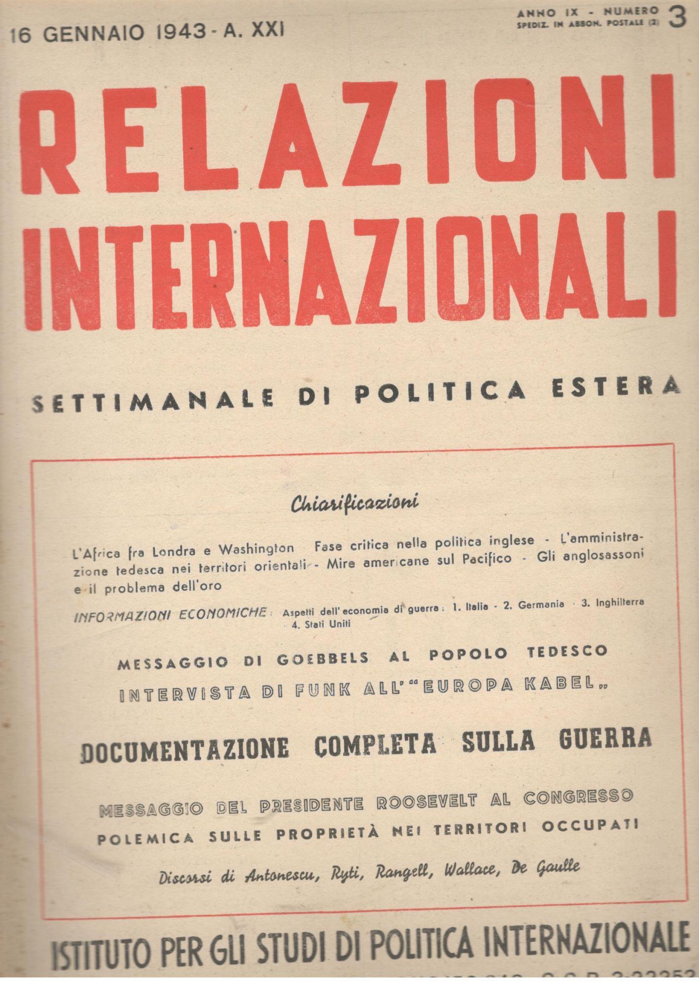 Relazioni Internazionali: settimanale di politica estera. Documentazione completa sulla guerra (n. 3. 1943)