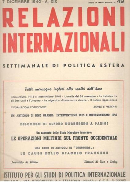 Relazioni Internazionali: settimanale di politica estera. Le operazioni militari sul fronte occidentale (n. 49. 1940) - copertina