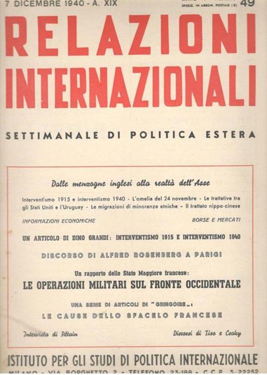 Relazioni Internazionali: settimanale di politica estera. Le operazioni militari sul fronte occidentale (n. 49. 1940) - copertina