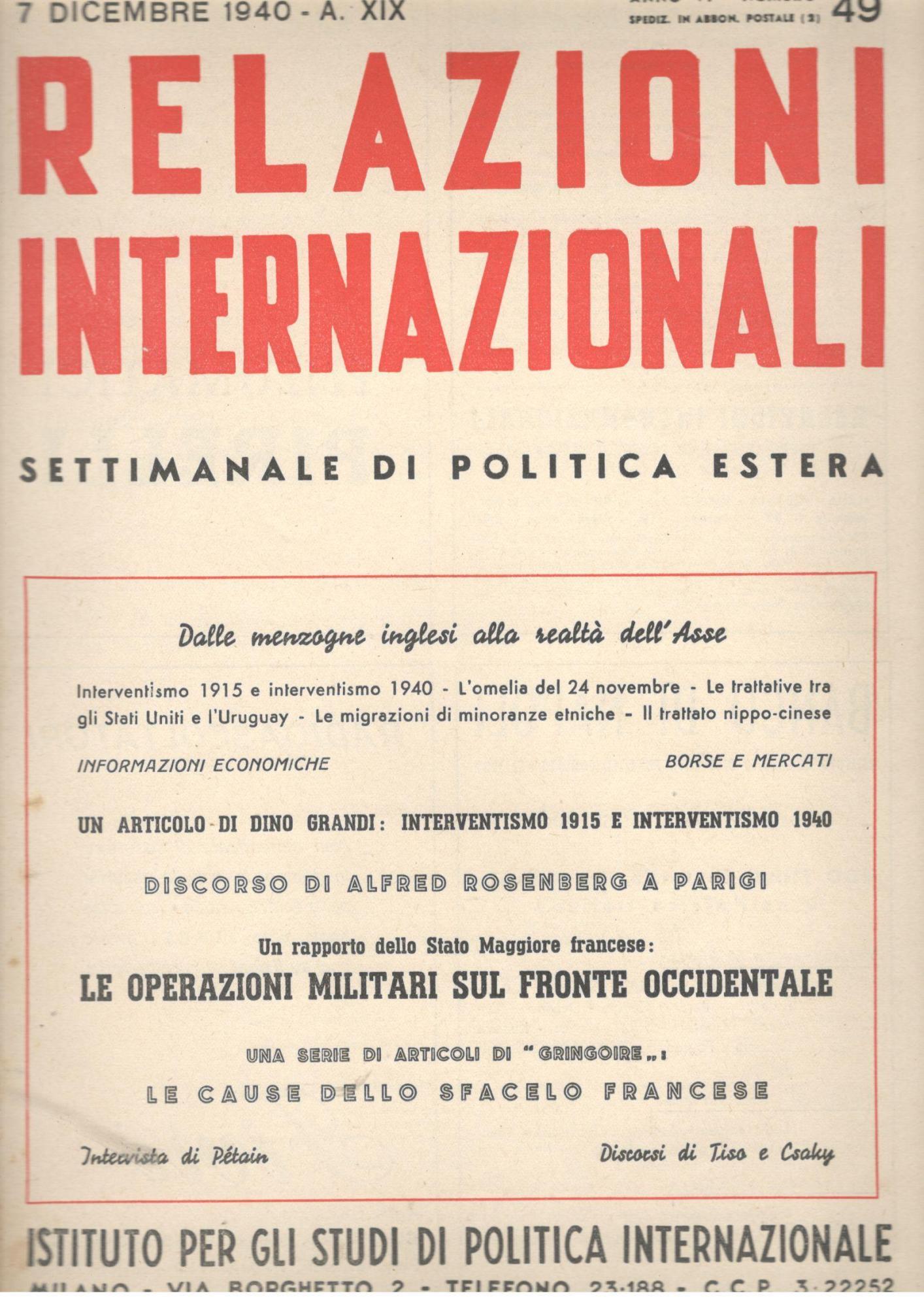 Relazioni Internazionali: settimanale di politica estera. Le operazioni militari sul fronte occidentale (n. 49. 1940)