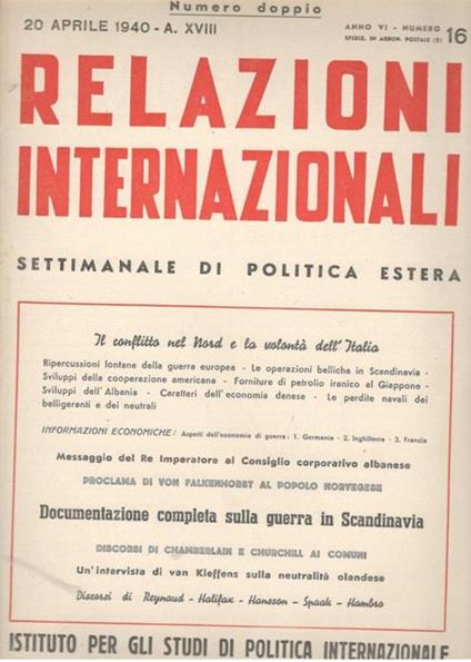 Relazioni Internazionali: settimanale di politica estera. Documentazione completa sulla Scandinavia (n. 16. 1940) - copertina