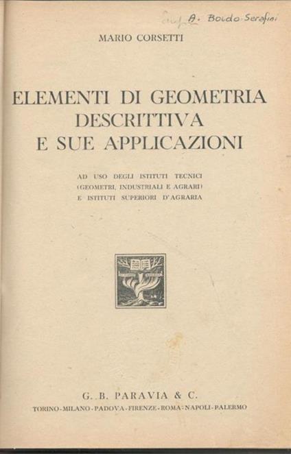 Elementi di geometria descrittiva e sue applicazioni - Mario Corsetti - copertina