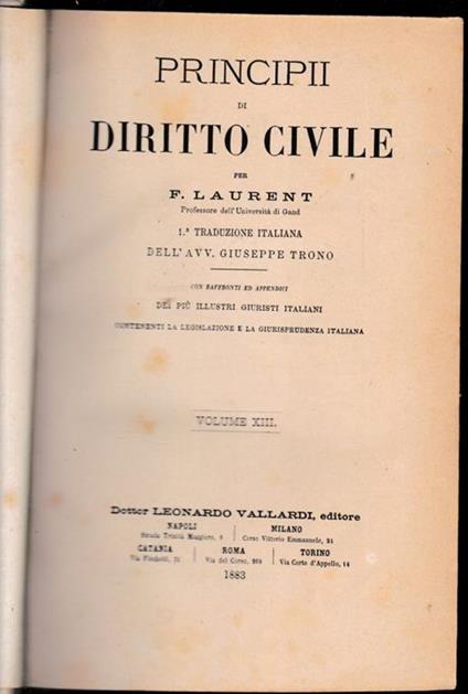 Principii di Diritto Civile, vol. 13 - F. Laurenti - copertina