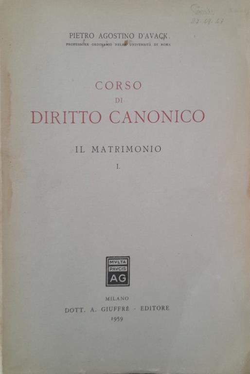 Corso di diritto canonico. Il matrimonio I - copertina