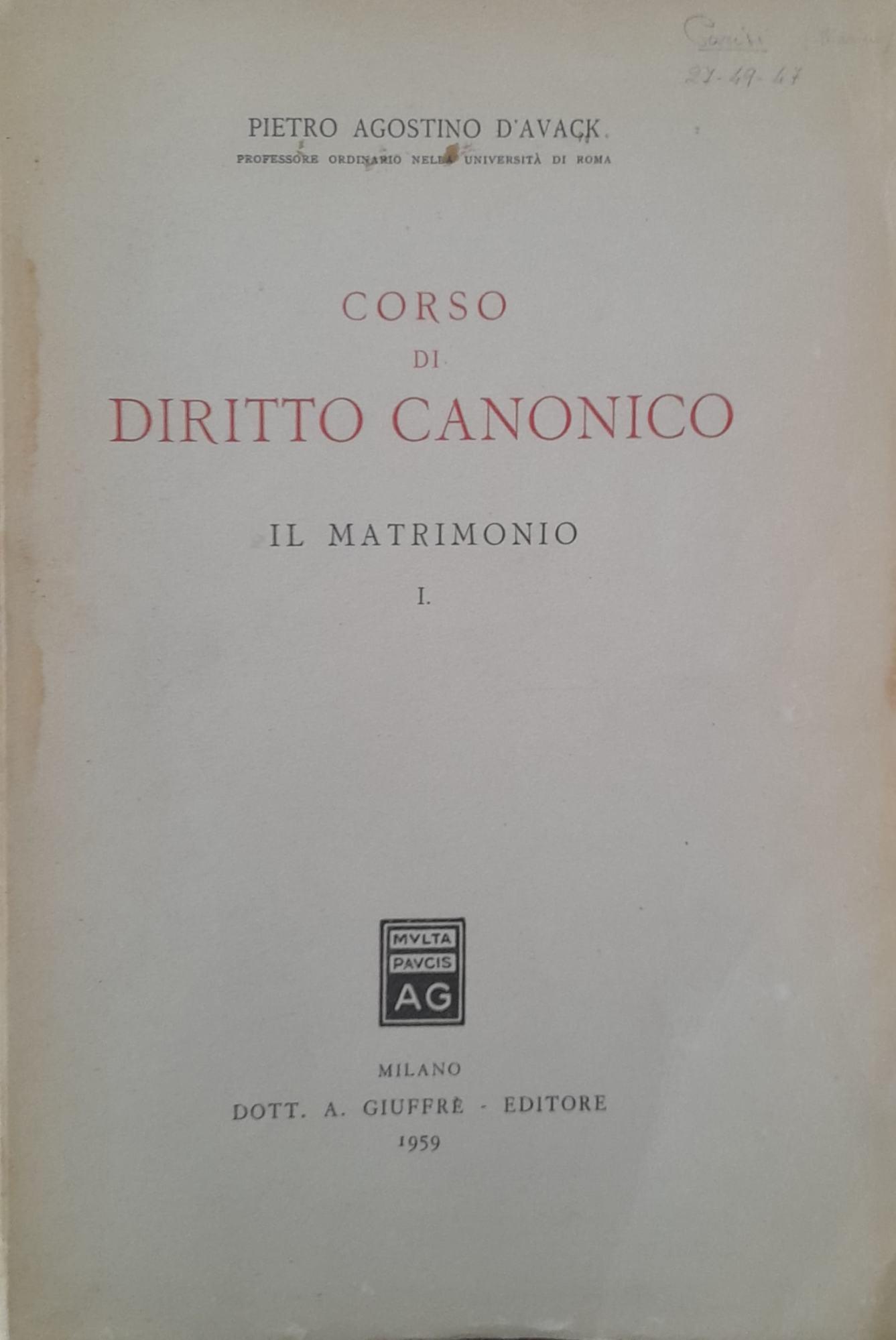 Corso di diritto canonico. Il matrimonio I