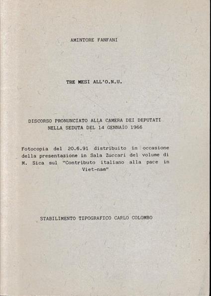 Tre mesi all'O.N.U - Amintore Fanfani - copertina