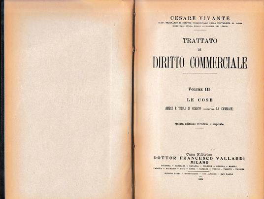 Trattato di Diritto Commerciale, vol. III: le cose - Cesare Vivante - copertina