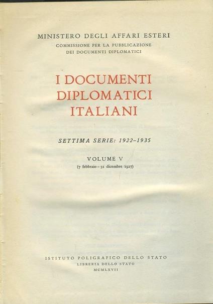 I documenti diplomatici italiani. Volume V - Ministero degli Affari Esteri - copertina