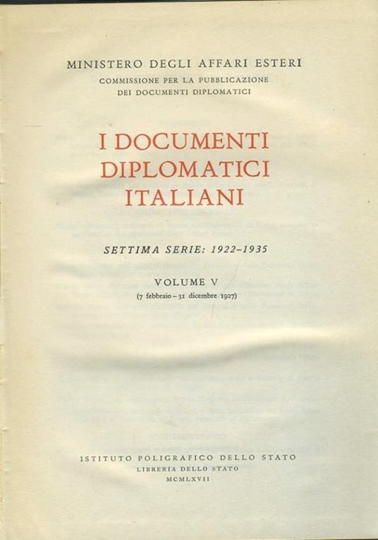 I documenti diplomatici italiani. Volume V - Ministero degli Affari Esteri - copertina