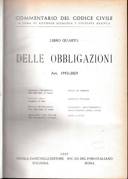 Commentario del Codice Civile, libro quarto. Delle obbligazioni art. 1992-2059 - copertina