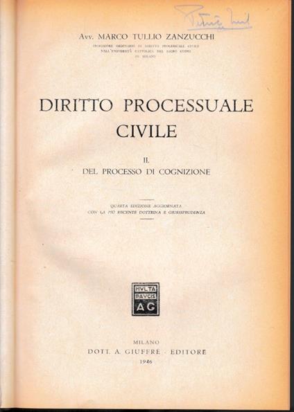 Diritto processuale Civile, vol. II°. Del processo di cognizione - copertina