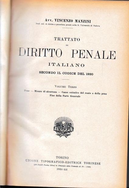 Trattato di Diritto Penale Italiano secondo il codice del 1930, vol. 3° - Vincenzo Manzini - copertina