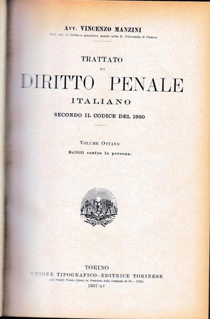 Trattato di Diritto Penale Italiano secondo il codice del 1930, vol. 8° - Vincenzo Manzini - copertina