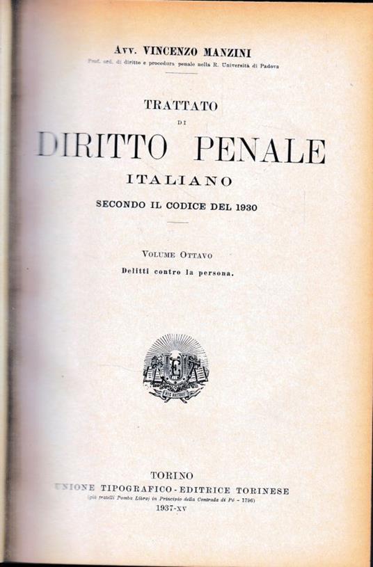 Trattato di Diritto Penale Italiano secondo il codice del 1930, vol. 8° - Vincenzo Manzini - copertina