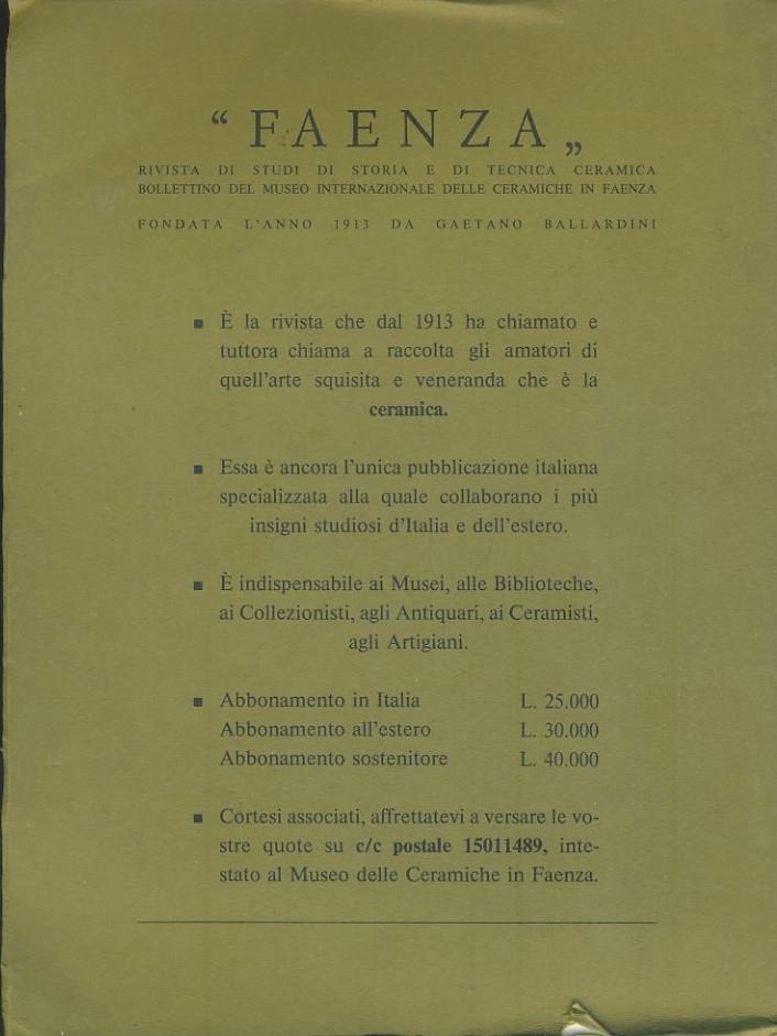 Faenza. Bollettino del museo internazionale delle ceramiche in Faenza. Anno LXX. Fascicolo V- VI