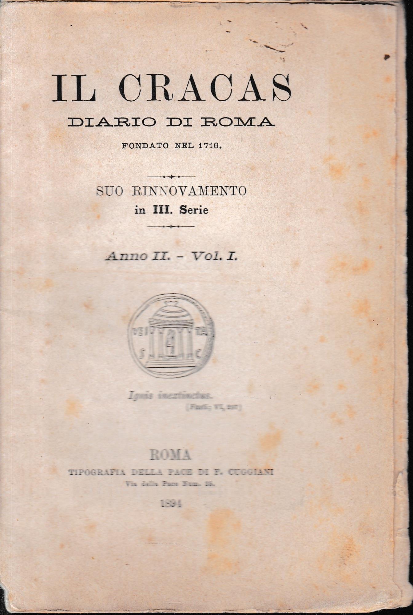 Il Cracas. Diario di Roma. Vol. 1. III serie, 7 Gennaio 1894. Anno II, n. 1