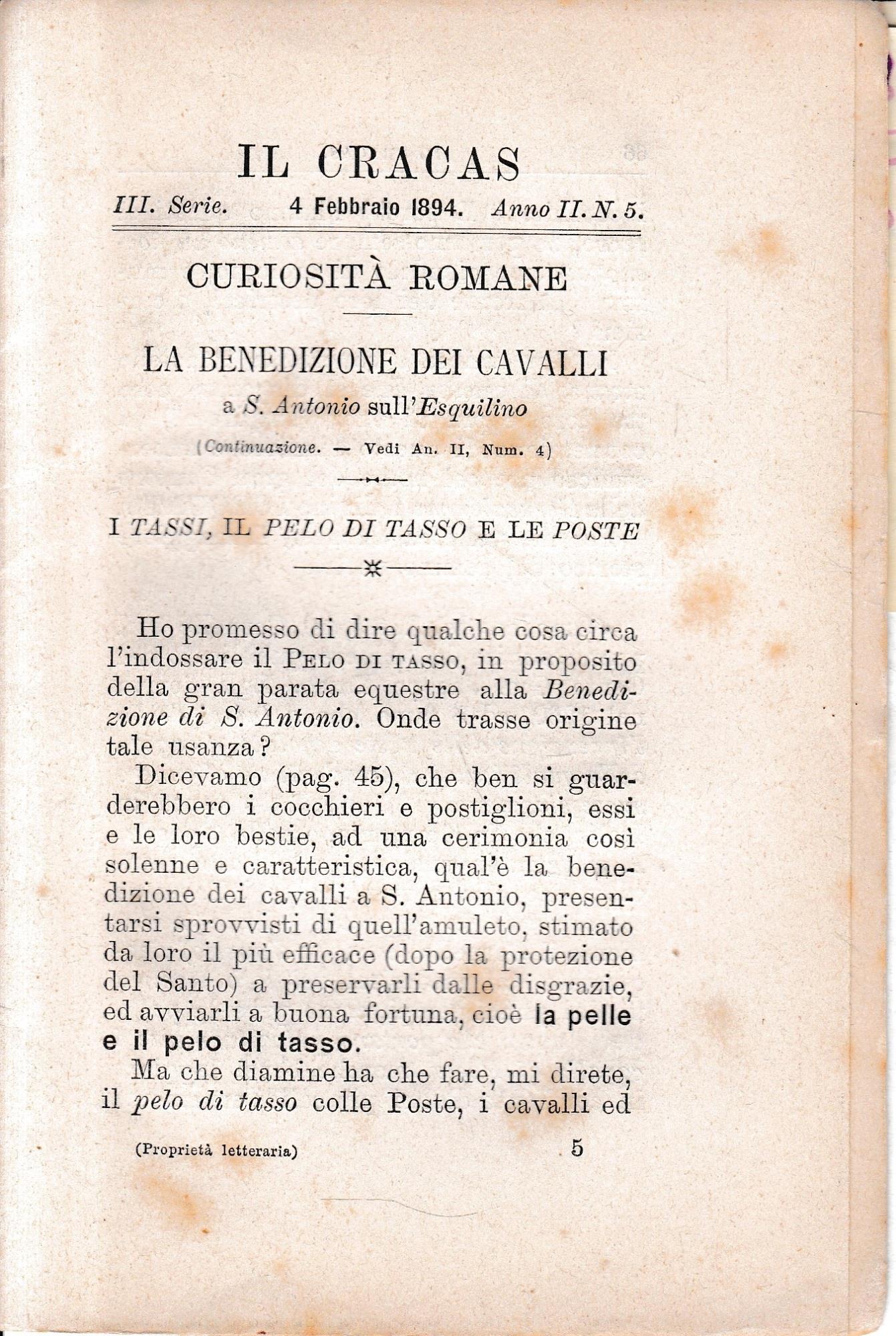 Il Cracas. Diario di Roma. Vol. 1. III serie, 4 Febbraio 1894. Anno II, n. 5