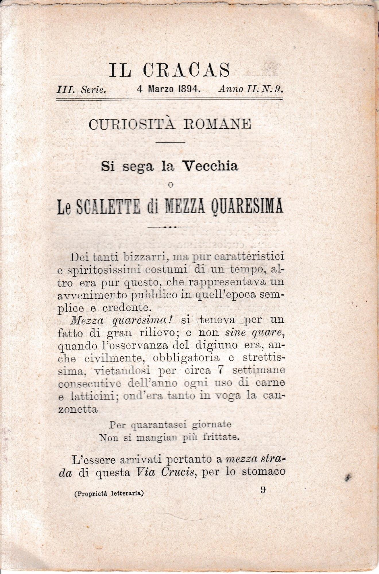 Il Cracas. Diario di Roma. Vol. 1. III serie, 4 Marzo 1894, anno II, n. 9