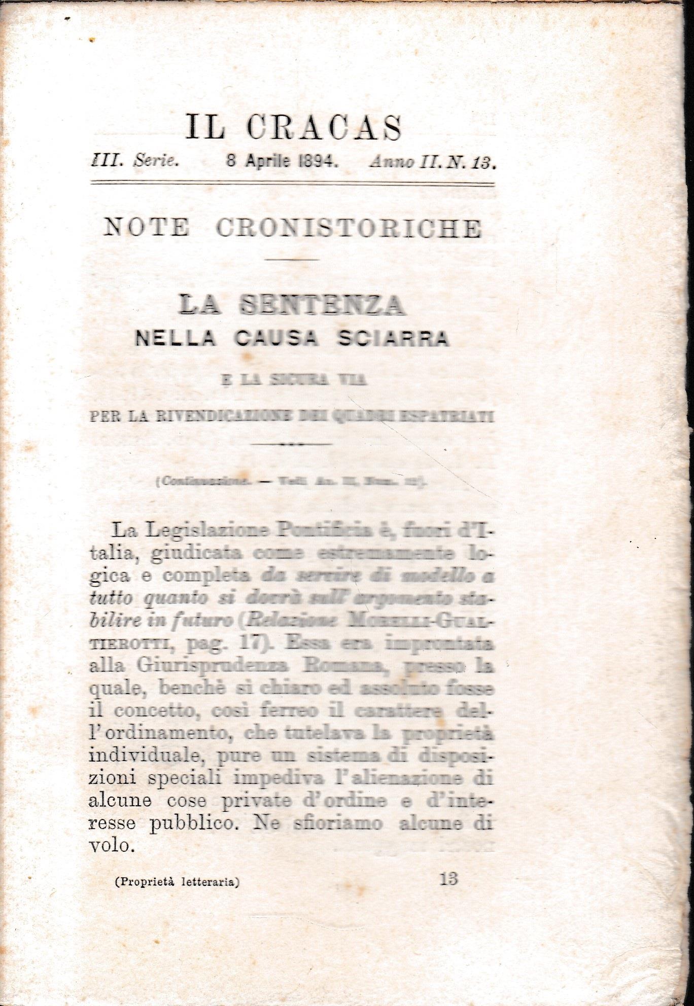 Il Cracas. Diario di Roma. Vol. 2. III serie, 8 Aprile 1894, anno II, n. 13