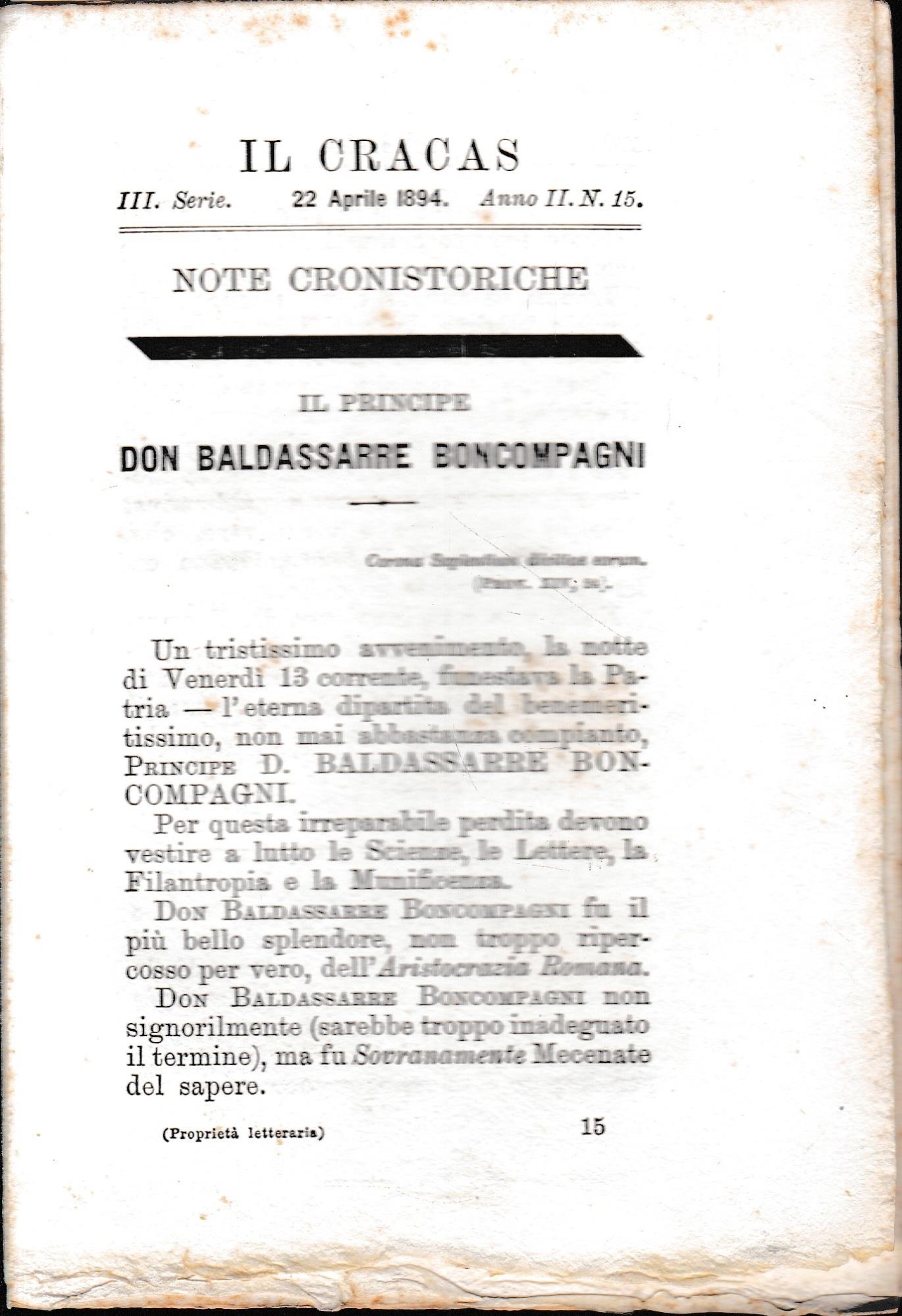 Il Cracas. Diario di Roma. Vol. 2. III serie, 22 Aprile 1894, anno II. n. 15