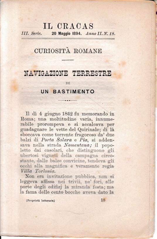 Il Cracas. Diario di Roma. Vol. 2. III serie, 20 Maggio 1894, anno II, n. 18 - copertina