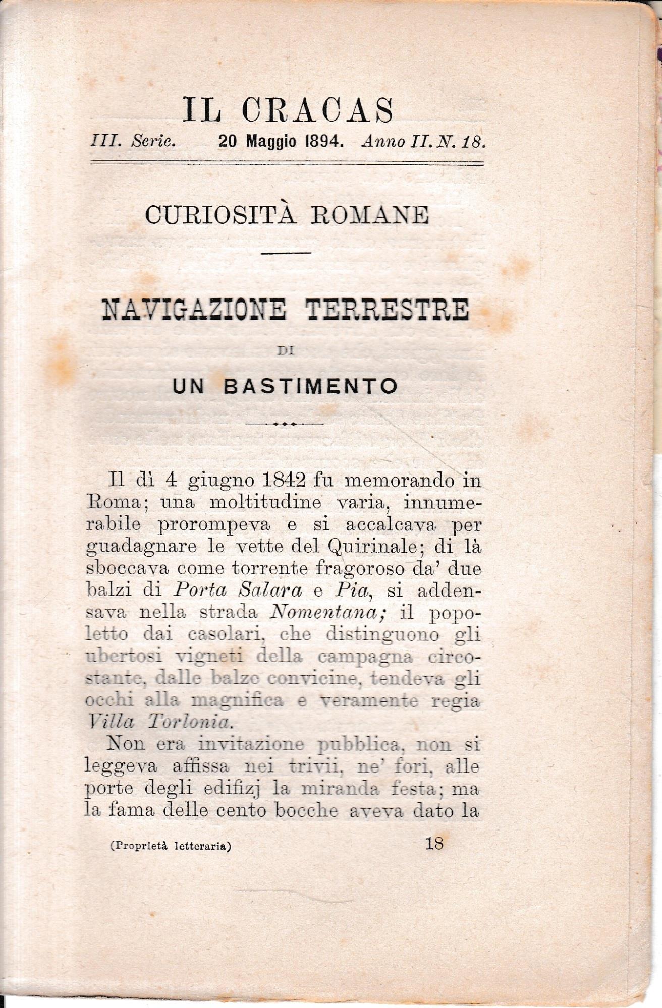 Il Cracas. Diario di Roma. Vol. 2. III serie, 20 Maggio 1894, anno II, n. 18