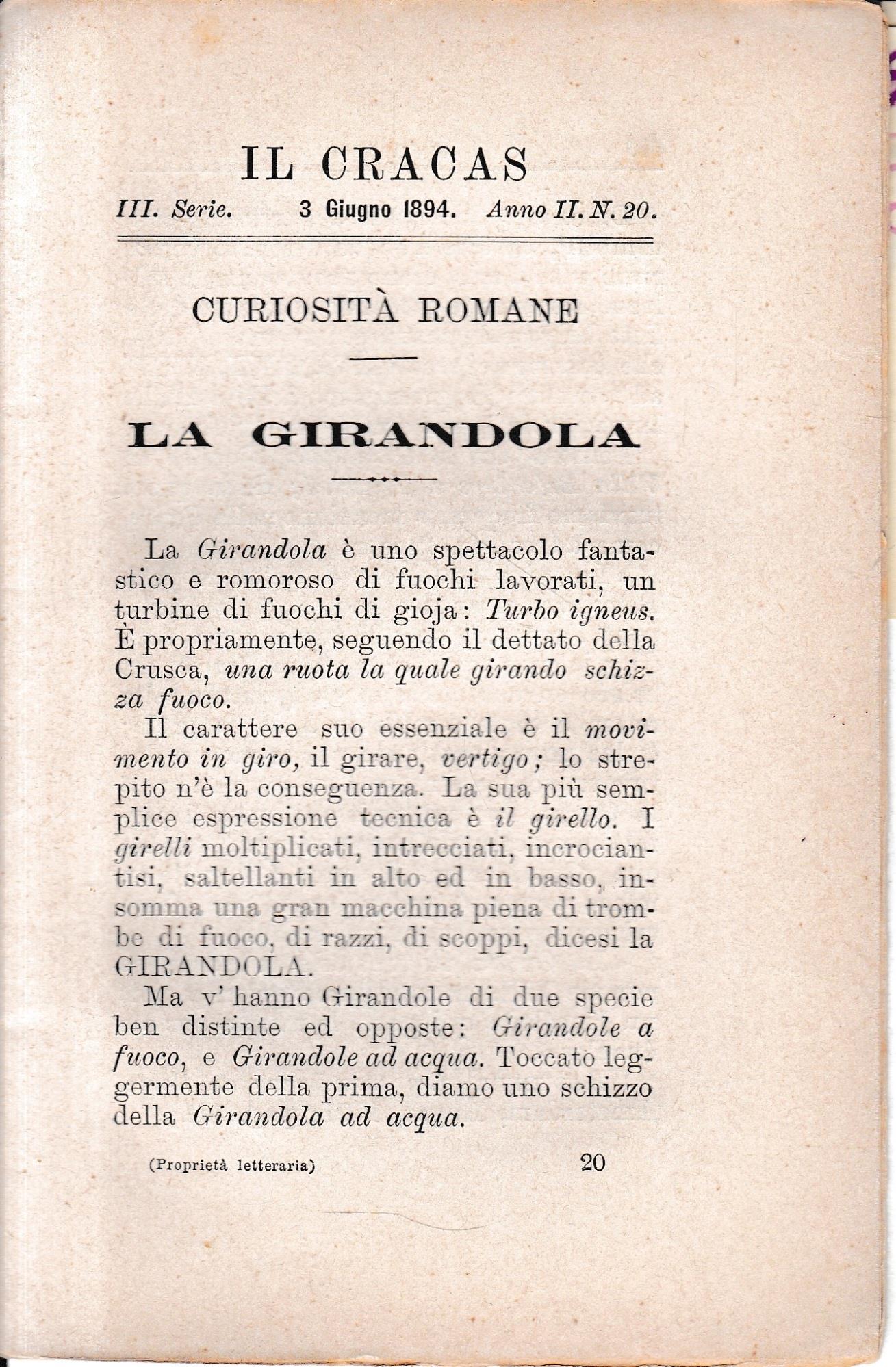 Il Cracas. Diario di Roma. Vol. 2. III serie, 3 Giugno 1894, anno II, n. 20