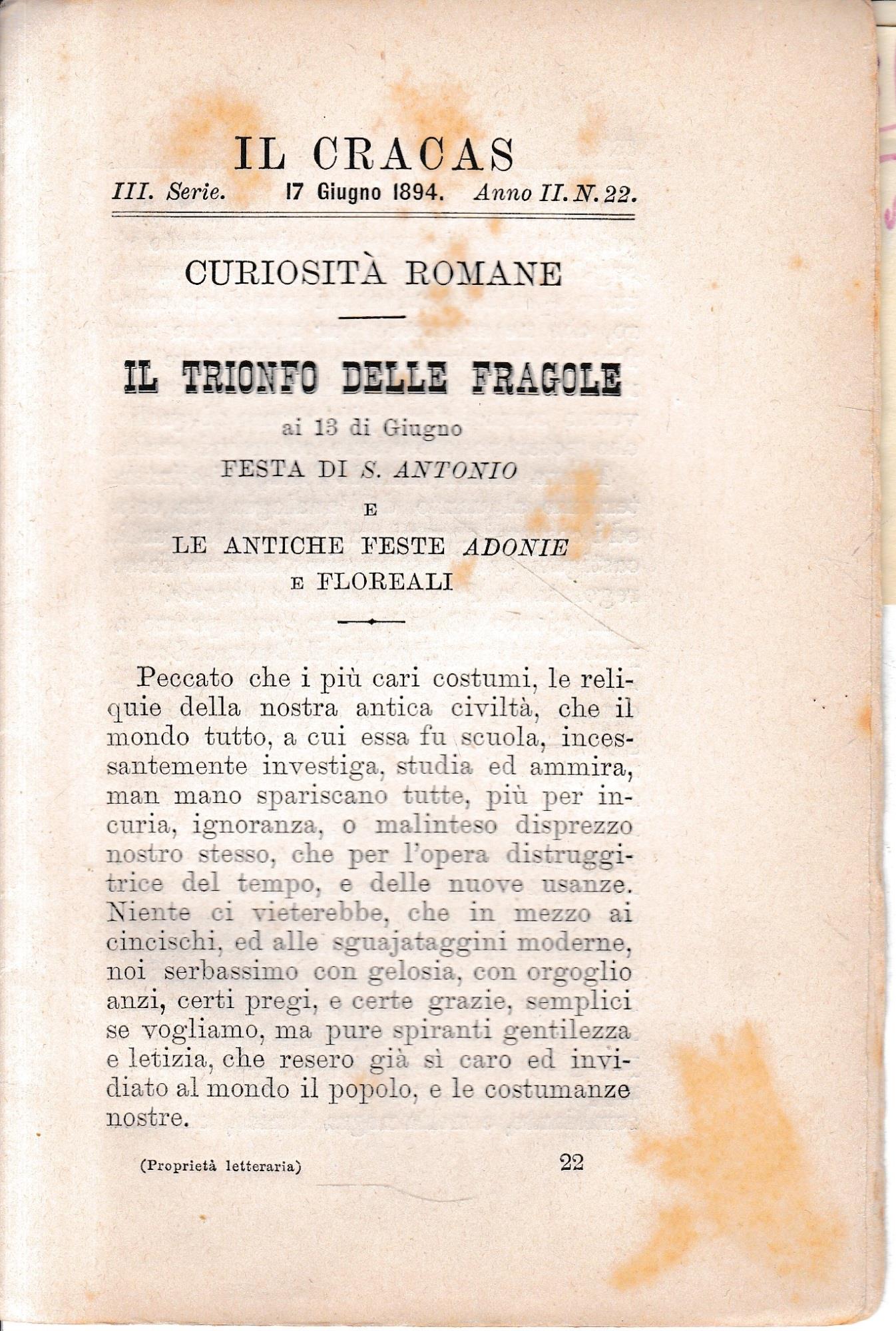 Il Cracas. Diario di Roma. Vol. 2. III serie, 17 Giugno 1894, vol. 2. anno II, n. 22