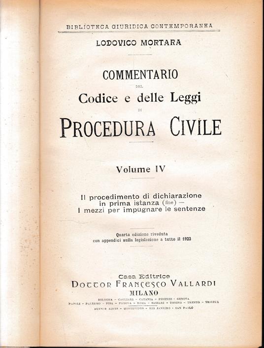 Commentario del Codice e delle Leggi di Procedura Civile, vol. 4° - Lodovico Mortara - copertina