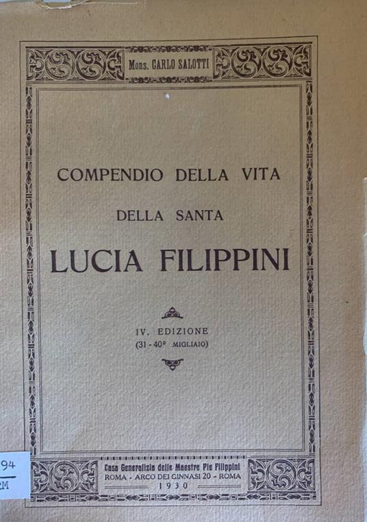 Compendio della vita della Santa Lucia Filippini - Carlo Salotti - copertina