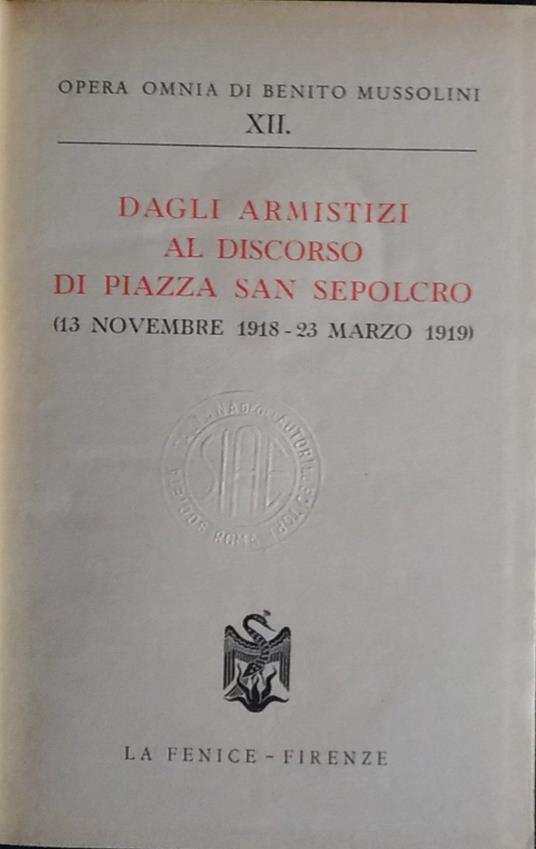 Dagli armistizi al discorso di piazza San Sepolcro. XII (13 novembre - 23 marzo 1919) - copertina