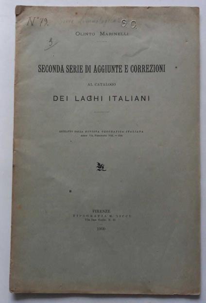 Seconda serie di aggiunte e correzioni al Catalogo dei Laghi Italiani - Olinto Marinelli - copertina