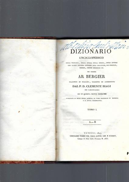 Dizionario Enciclopedico Dellateologia Ecclesiastica , Tomo I - copertina