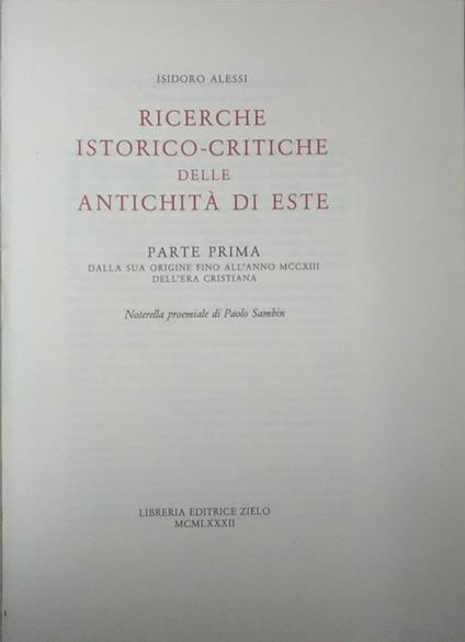 Ricerche istorico - critiche delle antichità di Este. Parte prima - copertina