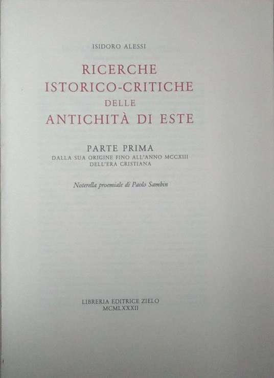 Ricerche istorico - critiche delle antichità di Este. Parte prima - copertina