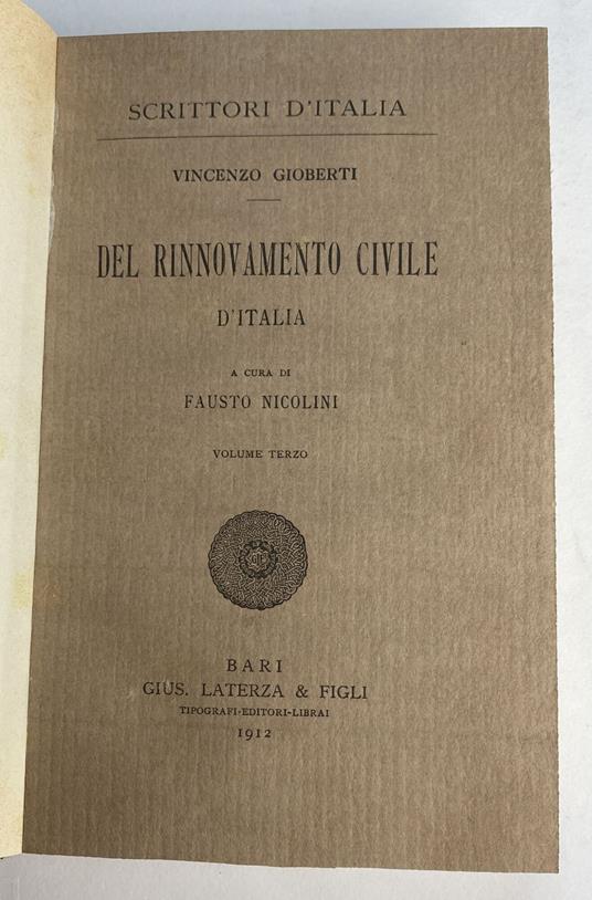 Del rinnovamento civile d'Italia volume terzo - Vincenzo Gioberti - copertina