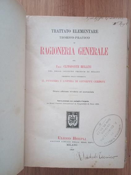 Trattato elementare teorico - pratico di ragioneria generele - Clitofonte Bellini - copertina