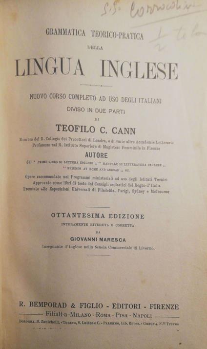 Grammatica teorico pratica della lingua inglese - Anonimo - copertina