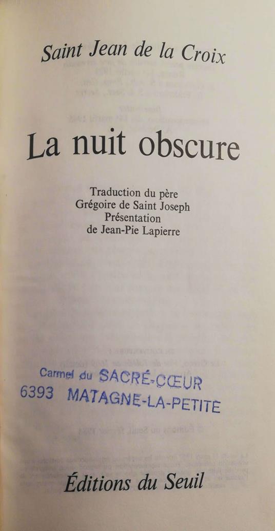 La Nuit obscure - Jean de la Croix - copertina