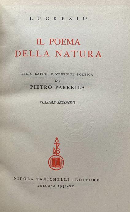 Il poema della natura. Volume secondo - Tito Lucrezio Caro - copertina