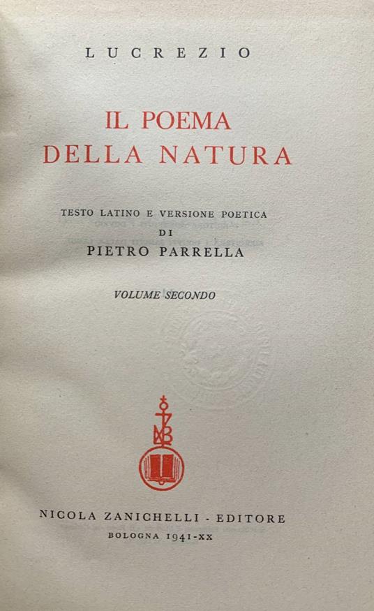 Il poema della natura. Volume secondo - Tito Lucrezio Caro - copertina