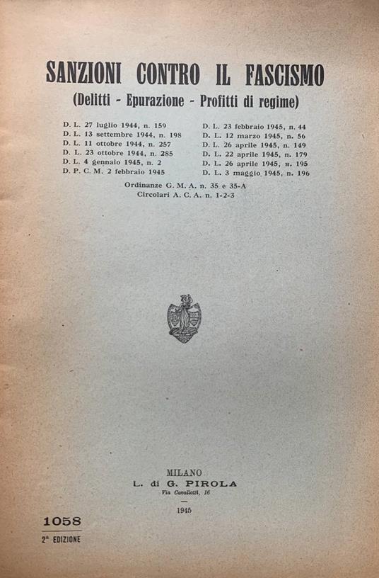 Sanzioni contro il fascismo (delitti - epurazione - profitti di regime) - copertina