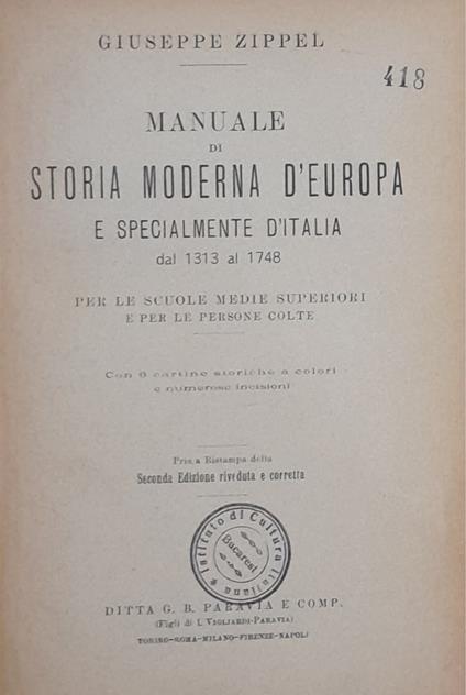 Manuale di storia moderna d'Europa e specialmente d'Italia dal 1313 al 1748 - Giuseppe Zippel - copertina
