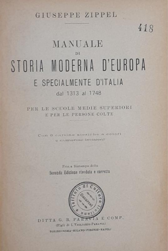 Manuale di storia moderna d'Europa e specialmente d'Italia dal 1313 al 1748 - Giuseppe Zippel - copertina