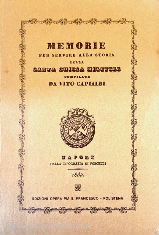 Memorie per servire alla storia della Santa chiesa miletese - Vito Capialbi - copertina