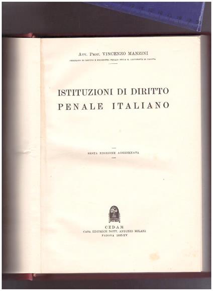 Istituzioni di DIritto Penale Italiano - Vincenzo Manzini - copertina