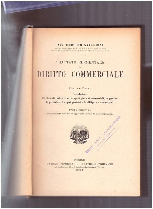 Trattato Elementare di Diritto Commerciale Volume Primo - Umberto Navarrini - copertina