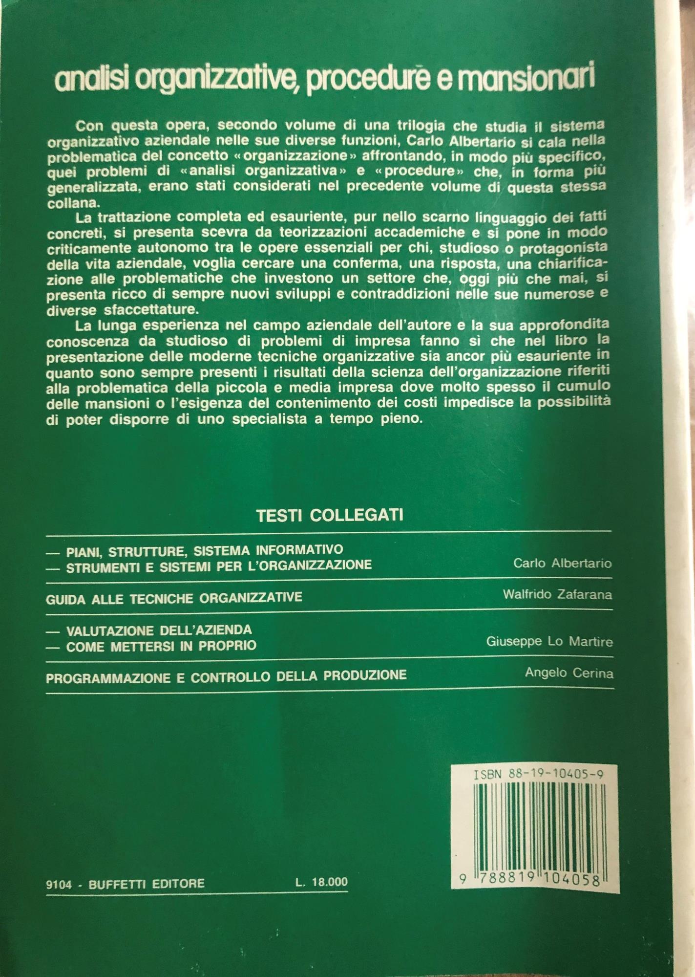 Analisi organizzative, procedure e mansionari. Volume II