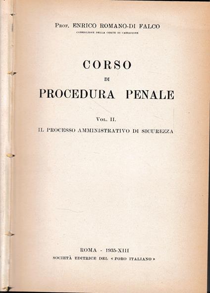 Corso di Procedura Penale. Vol. II - Il processo amministrativo di sicurezza - copertina