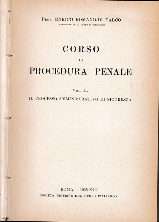 Corso di Procedura Penale. Vol. II - Il processo amministrativo di sicurezza - copertina